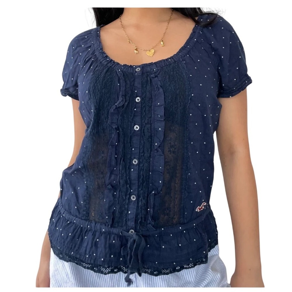 Hollister Navy Blue Polka Dot Lace Ruffle Peplum Blouse Short Sleeve Small